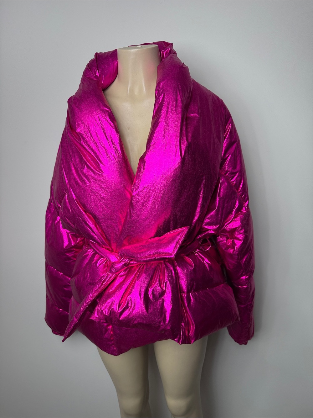 AKIRA Metallic Hot Pink Wrap Puffer Jacket